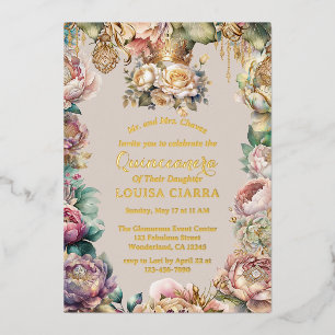Goldene Kronant Blumen Quinceanera Folieneinladung