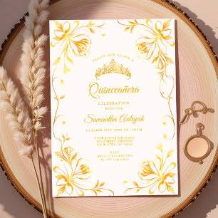 Goldene Krone Luxus-Gold-Blumen-Quinceañera Einladung