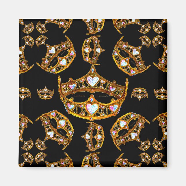 Goldene Kronenkrone Tiara schwarzer Quadratzmagnet Magnet (Vorne)