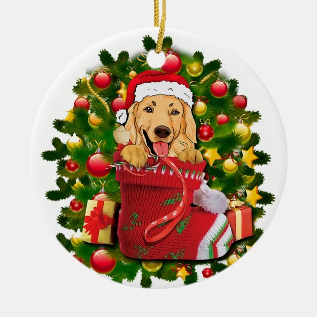 Goldene Labrador Retriever Strumpf Weihnachtsfeier Keramik Ornament (Vorne)