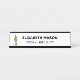 Goldene Lady Justice auf Weiß Schreibtischnamensplakette