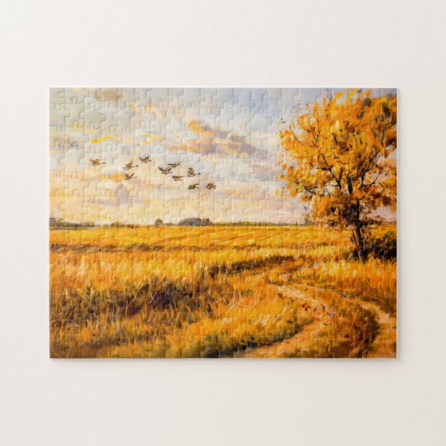 Goldene Landschaft mit fliegenden Vögeln über Have Puzzle (Horizontal)