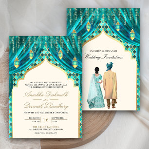Goldene Laternen Indisches Teal-Paar Hochzeit Einladung