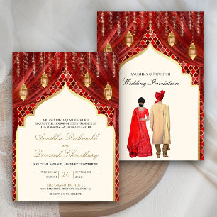 Goldene Laternen Rotes Indianer-Paar Hochzeit Einladung