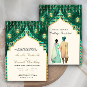 Goldene Laternen Smaragdgrüne indische Hochzeit Einladung