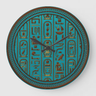 Goldene lederne Hieroglyphen geprägt auf Große Wanduhr