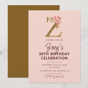 Goldene Letter Z Monogramm Blush Rosa Rosen Einladung