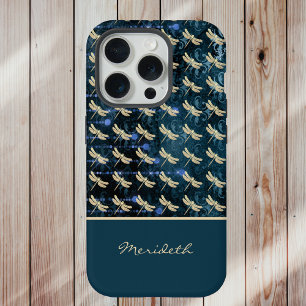 Goldene Libellen auf vintage blau-grünem Hintergru iPhone 15 Pro Hülle