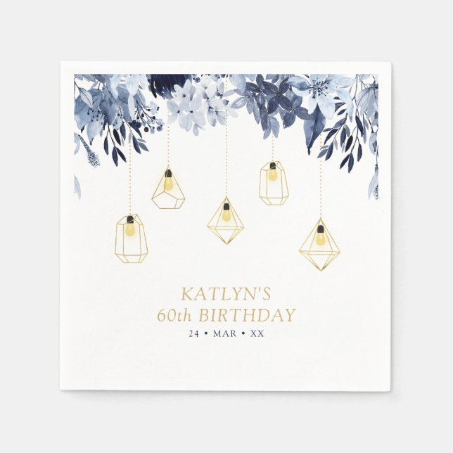 Goldene Lichter und blaue Flora Geburtstagsparty Serviette (Vorderseite)