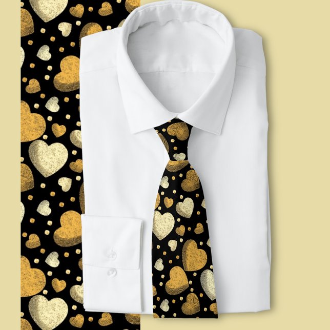 Goldene Liebe Krawatte (Light and dark gold hearts on a black background )