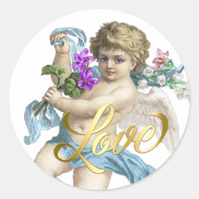 Goldene Liebe mit Cherub Rose Blue Runder Aufkleber (Vorderseite)
