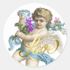 Goldene Liebe mit Cherub Rose Blue Runder Aufkleber