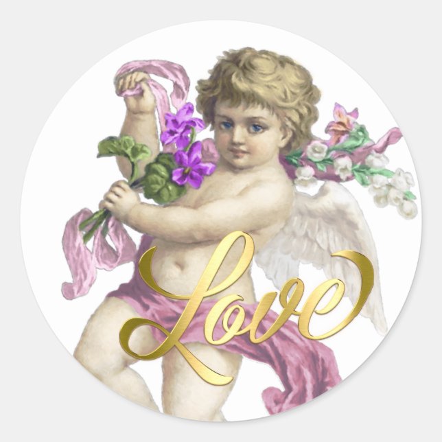 Goldene Liebe mit Cherub-Rose Rosa Runder Aufkleber (Vorderseite)