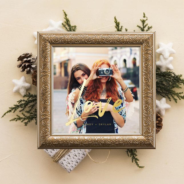 Goldene Liebe Pinselskriptüberlagerung für mehrere Foliendrucke (Gold Love Brush Script Overlay Couple Photo Memory Foil Prints)