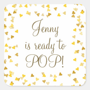 Goldene Liebesherzen Ready to Pop Baby Shower/ Spr Quadratischer Aufkleber