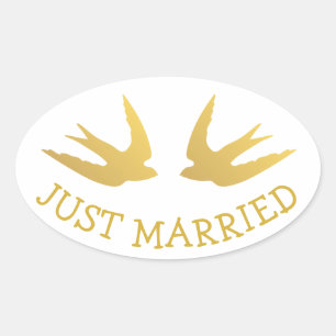 Goldene Liebesvögel Frisch Vermählt  Hochzeit Lieb Ovaler Aufkleber