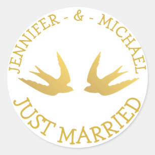 Goldene Liebesvögel Frisch Vermählt  Hochzeit Lieb Runder Aufkleber