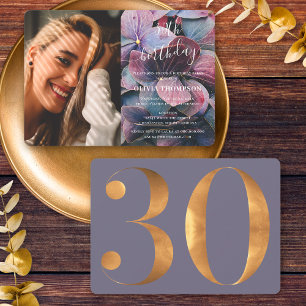 Goldene lila blaue Hortensien 30. Geburtstagsfoto Einladung