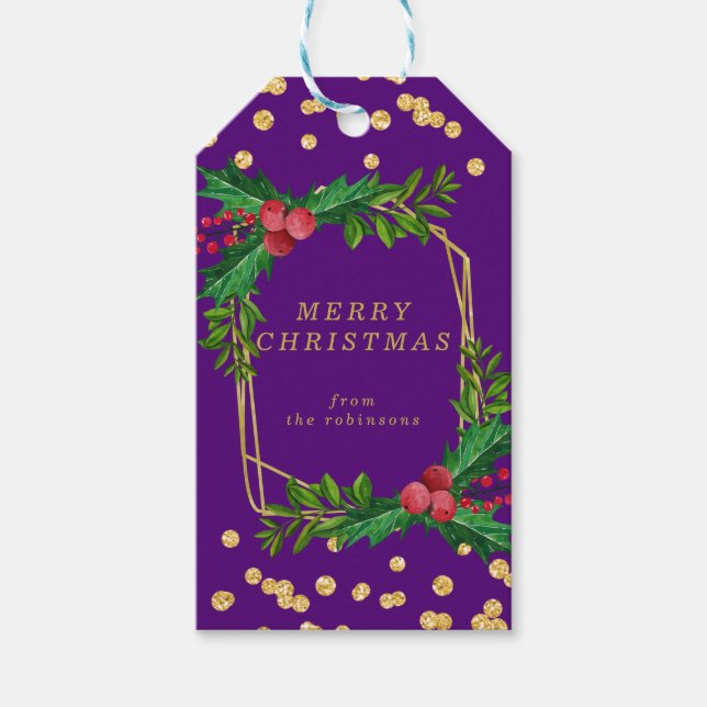 Goldene Lila Familie Frohe Weihnachten Holly Glitz Geschenkanhänger (Vorderseite)