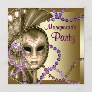 Goldene lila Mardi Gras-Perlen Maskenparty Einladung