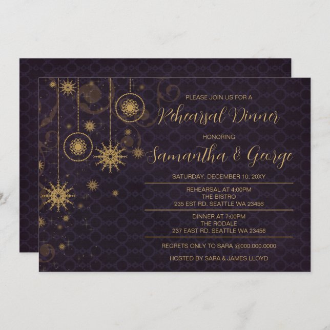 Goldene Lila Schneeflocken Winterabend Probe Einladung (Vorne/Hinten)