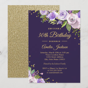 Goldene Lila Sparkle-Flora 30. Geburtstag Einladun Einladung
