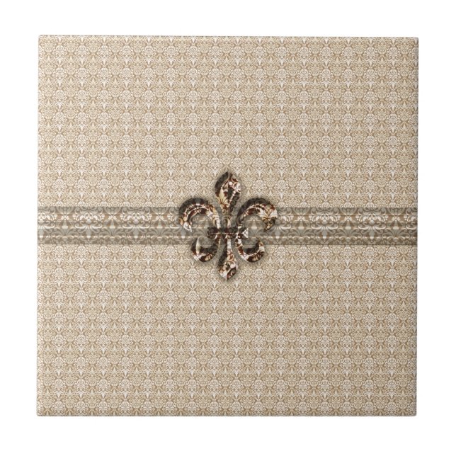 Goldene Lilie mit Cream Damask Muster Fliese (Vorderseite)
