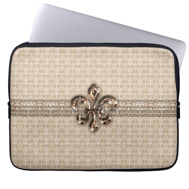 Goldene Lilie mit Cream Damask Muster Laptopschutzhülle (Vorderseite)