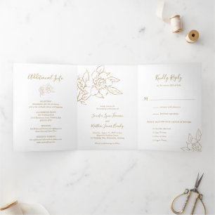 Goldene Linienkunst Florale Elegante Hochzeit Dreifach Gefaltete Einladung