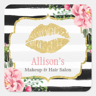 Goldene Lippen Rosa Blütenfarben Streifen Quadratischer Aufkleber