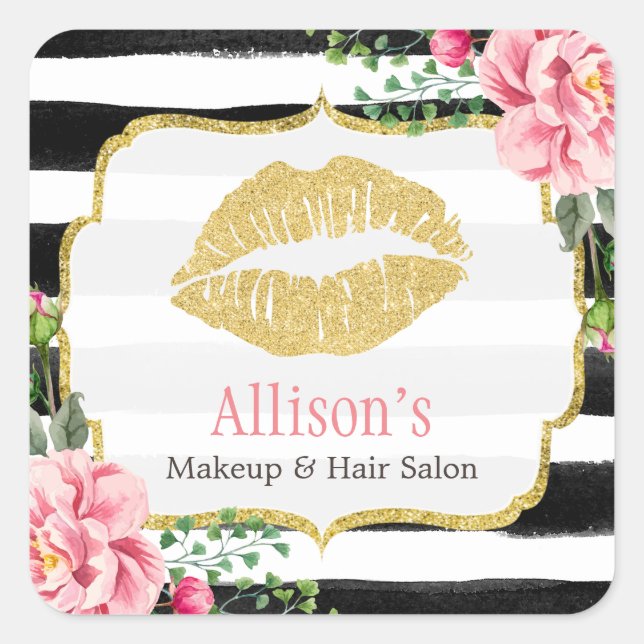 Goldene Lippen Rosa Blütenfarben Streifen Quadratischer Aufkleber (Vorderseite)