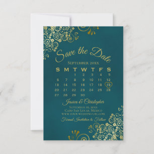 Goldene Locken & Schwünge Eleganter Teal-Hochzeits Save The Date