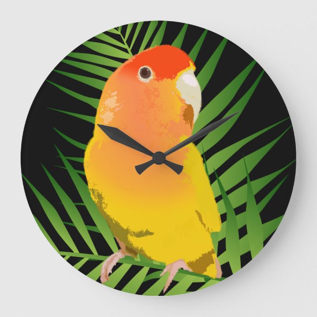 Goldene Lovebird-Parrot-Blätter auf Schwarz Große Wanduhr (Vorderseite)