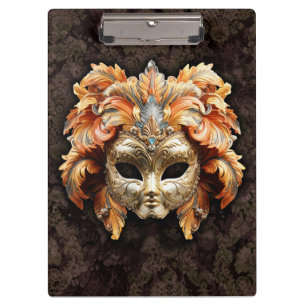Goldene Löwenmaske mit orangen Federn Klemmbrett