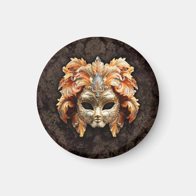 Goldene Löwenmaske mit orangen Federn  Magnet (Vorne)