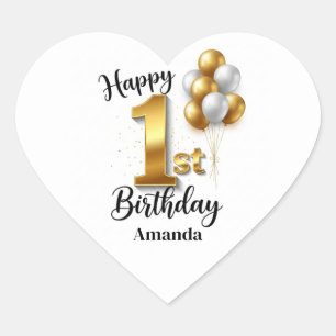 Goldene Luftballons 1. Geburtstag Aufkleberbogen Herz-Aufkleber