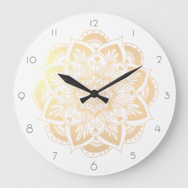 Goldene Mandala Blume Große Wanduhr (Vorderseite)