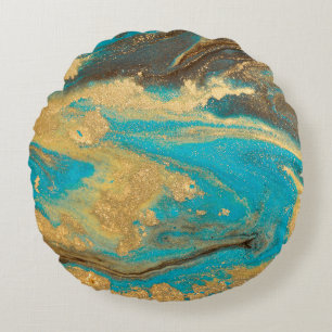 Goldene Marmorierung Textur Design. Blau und golde Rundes Kissen