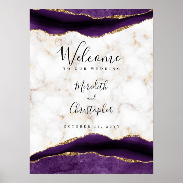 Goldene Marmorplatte Lila Agate Wedding Willkommen Poster (Vorne)