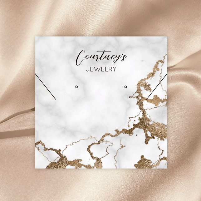 Goldene Marmorschlacke Bracelet Ohrring Juwelendis Quadratische Visitenkarte (Marble and gold glitter jewelry packaging cards with elegant calligraphy font and business details)