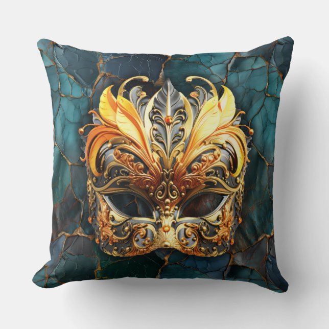 Goldene Maske zu Aquamarinen Verlusten Hintergrund Kissen (Vorderseite)