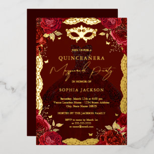 Goldene Maskenballparty Rotes Rosenkleid Quinceane Folieneinladung