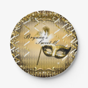 Goldene Maskerade-Maske Eleganter Ball Geburtstags Pappteller