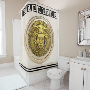 Goldene Medusa / Gorgon Griechischer Schlüssel Bei Duschvorhang