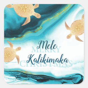 Goldene Meeresschildkröten   Mele Kalikimaka   Wei Quadratischer Aufkleber