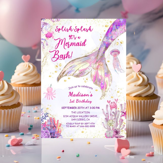Goldene Meerjungfrau Schwanz Rosa Lila 1. Geburtst Einladung (Gold Mermaid Tale pink purple 1st Birthday Girl Party Invitation)