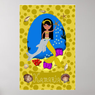 Goldene Meerjungfrau und Dolphin Print Poster