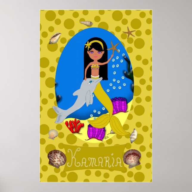 Goldene Meerjungfrau und Dolphin Print Poster (Vorne)