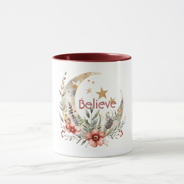 Goldene Mond Sterne Rote Blumen  Tasse (Zentrum)