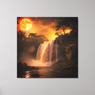 Goldene Mondlicht-Wasserfall-Fantasielandschaft Leinwanddruck